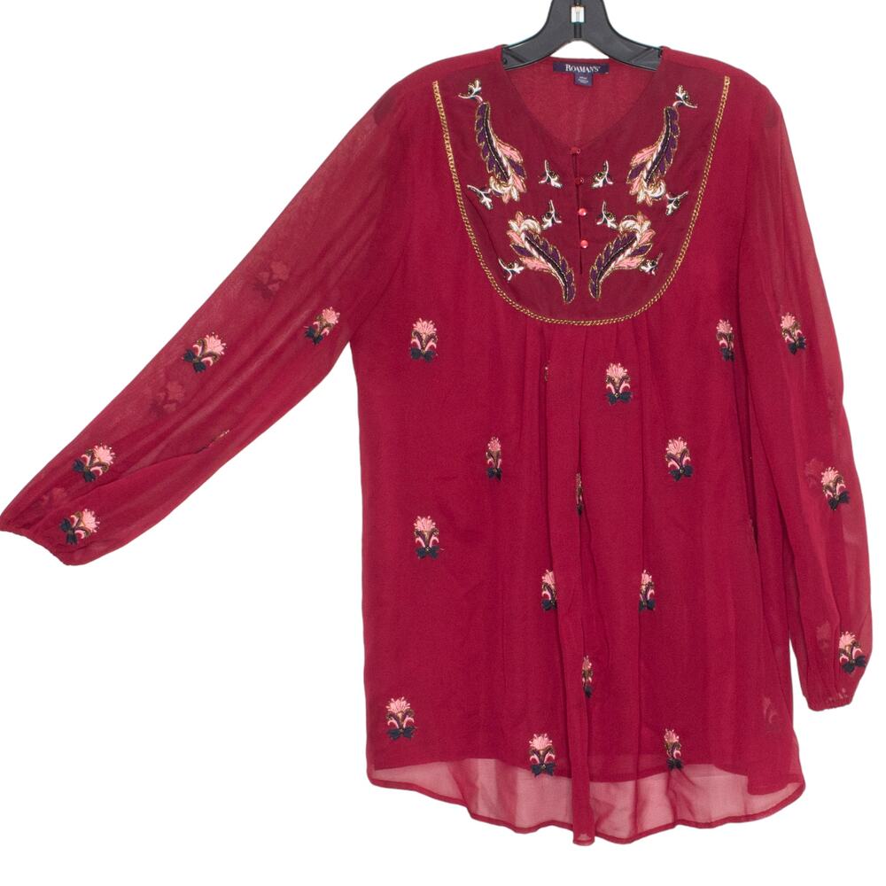 Roamans Tunic Top Embroidered Sheer Western Boho Cowgirl Rodeo Beaded Red 14W